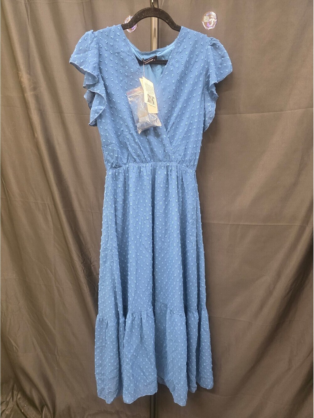 BOHO FLORAL WRAP RUFFLE A‑LINE MIDI DRESS LAKE BLUE SIZE S